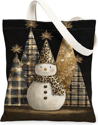 Generic Winter Snow Man Canvas Tote Bags, Holiday Design Reusable Bags, Vintage Lightweight Washable Shoulder Strap Canvas for Trav, Black, 13x15 Inch