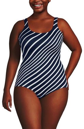 Lands End Chlorine Resistant Scoop Neck Soft Cup Tugless Sporty One Piece Swimsuit in Navy/white Variegated Stripe at Nordstrom, Size 22W