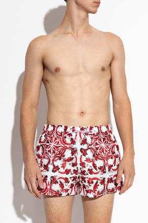 Dolce & Gabbana Swim Shorts With Majolica Print, Mens, Red