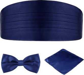 Generic L&L Adult Pre-Tied Bowtie Adjustable Cummerbund and handkerchief Pocket Square 3 pcs Set Satin Plain Solid (navy)