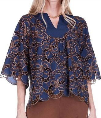 Jade Yoga Horseshoe Neck Embroidered Lace Top In Navy Blue