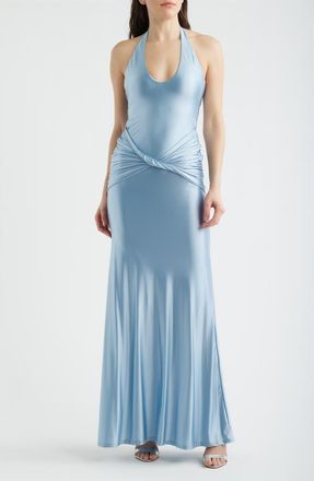 Delfi Soraya Halter Neck Satin Jersey Gown in Baby Blue at Nordstrom, Size X-Large