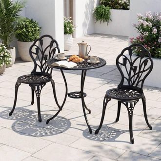 Costway Costway 3PCS Cast Aluminum Bistro Set Patio Table & Chairs w/ Umbrella Hole in Black