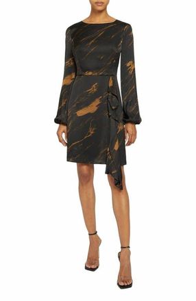 Santorelli MALIA Long Sleeve Dress with Side Ruffle Panel in Abstract Print in Black at Nordstrom, Size 4