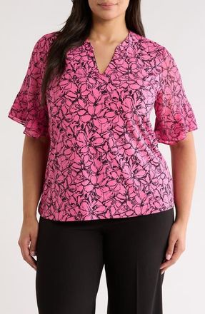 Anne Klein Flutter Sleeve Top in Pink Berry/Anne Black at Nordstrom, Size 1 X