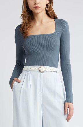 Open Edit Luxe Sculpt Square Neck Long Sleeve Top in Blue Weather at Nordstrom, Size Small
