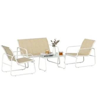 OUTSUNNY Conjunto Jard&iacute;n Exterior De 4 Piezas, Con Sof&aacute; De 2 Plazas, 2 Sillones, Mesa De Vidrio Templado, Tela Textilene, Estructura De Acero, Caqui