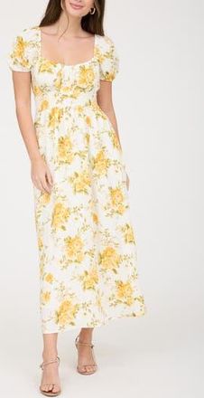 August Sky Puff Sleeve Midi Dress in Yellow/Ivory at Nordstrom Rack, Size Medium