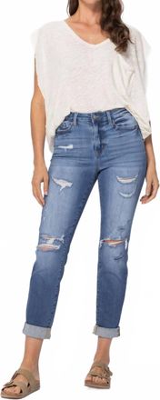 Judy Blue High Waist Cuffed Distressed Boyfriend Jeans In Blue