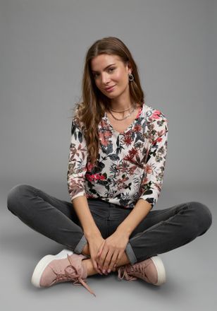 Laura Scott 3/4-Arm-Shirt LAURA SCOTT, Damen, Gr. 34, wei&szlig;, gebl&uuml;mt, Single Jersey, Obermaterial: 95% Viskose, 5% Elasthan, gebl&uuml;mt, gemustert, l&auml;ssig geschnitten