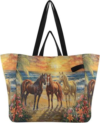 Generic Horses Floral Yellow pattern Reusable Canvas Tote Bag, Heavy Duty Grocery Shopping Bag with Double Handles Large Capacity Hard Bottom Work Groceries T