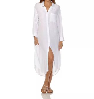 Raviya Long Button Front Shirt Cover Up In White