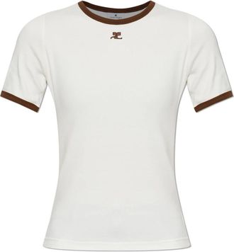Courr&egrave;ges Logo T-shirt - Dames - T-shirts - Beige - S - Katoen - Tops