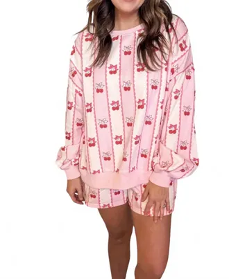 Peach Love California Cherry Bow Stripe Lounge Set In Pink/ White