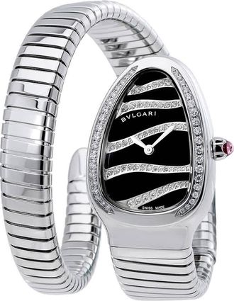 Bulgari Serpenti Tubogas Black Dial Steel Diamond Ladies Watch 102440