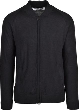Les Hommes Black Ribbed Wool Zip-Through Knit