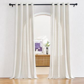 OEM Rideau Voilage - Lino Natural Beige 140 Cm X 260 Cm Con Ojetes Para Ventana - Interior Hogar Sal&oacute;n Dormitorio - Pack De 2