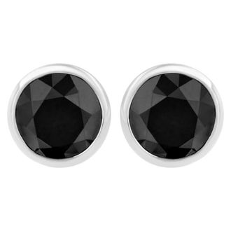House of Brilliance 14K White 3 cttw Black Diamond Screw-Back Classic Bezel Solitaire Stud Earrings (Color-Enhanced, I2-I3)