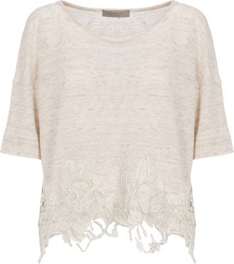 D.exterior Beige Lace Linen-Blend Hem Short-Sleeved Top