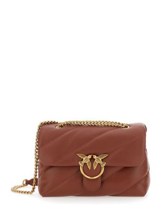 Pinko Love Classic Puff Brown Shoulder Bag With Diagonal Maxi Quilting In Leather Woman