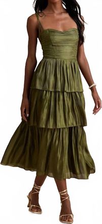 Lulus Womens Tennon Plisse Tiered Midi Dress In Olive Green