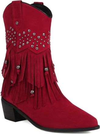 Generic Womens Western Cowgirl Ankle Boots Tassels Studded Decor Pull On Wide Calf Winter Retro Dress Shoes (Red,5.5)
