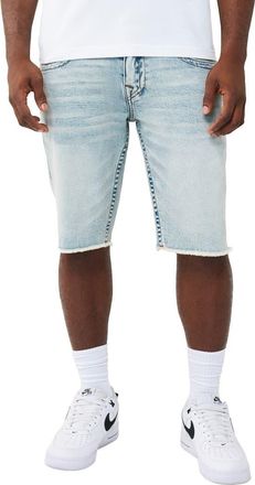 True Religion Ricky Frayed Hem Snap Flap Straight Denim Shorts in Playmaker Faded Indigo Lt Wash at Nordstrom, Size 40