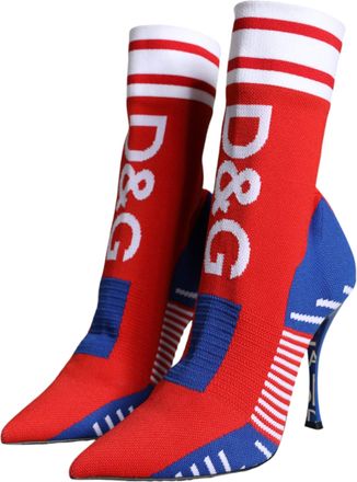 Dolce & Gabbana Womens Red Blue Stretch Sock Style Ankle Boots Logo Shoes Polyester Leather