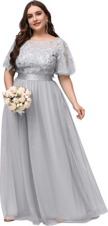 Ever-pretty Womens Short Sleeve Embroidery Empire Waist A Line Floor Length Elegant Long Mother of The Bride Dresses Grey 22UK