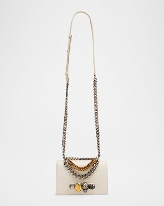 Alexander McQueen Mini Jeweled Croc-Embossed Satchel Bag