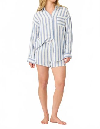 PJ Salvage Back From The Beach Striped Gauze Top In Blue Ivory