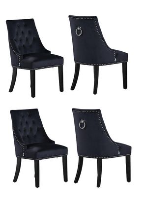 Life Interiors Set of 4 Velvet Dining Chairs Scoop Knockerback & Button Tufted, Solid Wood Legs in Black