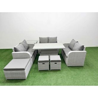 Fimous 9 Seater pe Wicker Rattan Furniture Sofa Sets with Adjustable Lifting Dining or Coffee Table 2 Seater Love Sofa 3 Stool Side Table Light Grey - Fimous