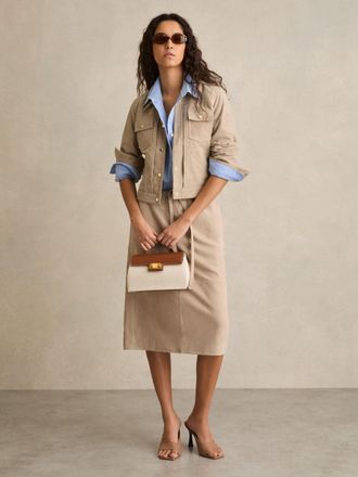 Reiss Neutral Suede Drawstring Midi Skirt, 12