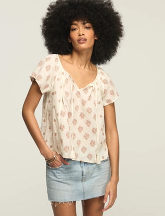 Lucky Brand Womens Short Sleeve Print Mix Notch Neck Top