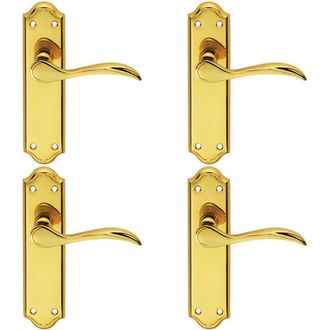 Loops 4x PAIR Curved Door Handle Lever on Latch Backplate 180 x 45mm Polished Brass in Metallics