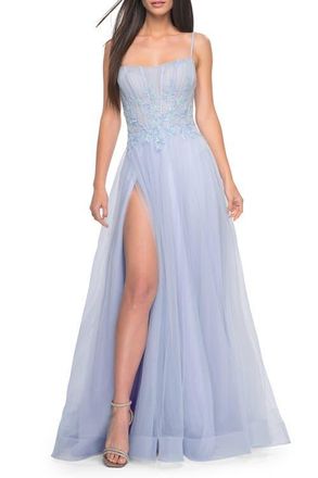 La Femme Tulle A-line Dress with Beaded Lace Waist and Square Neckline in Light Periwinkle at Nordstrom, Size 00