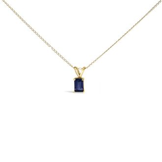 House of Brilliance 14K Yellow Gold 6x4MM Emerald Cut Blue Sapphire Solitaire Pendant Necklace