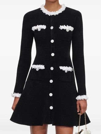 Self Portrait Black Chenille Knit Flower-trim Mini Dress