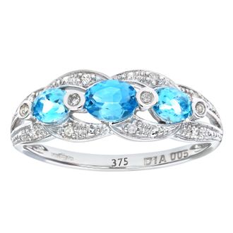 Diamant L'éternel 9ct witgouden designring met blauwe topaas en diamanten vijgen 8