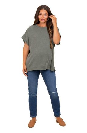 Pinkblush Solid Ribbed Short Sleeve Oversized Tunic Top in Olive Green at Nordstrom, Size Medium