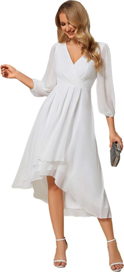 Womens V Neck 3/4 Sleeves Pleated A-Line Champagne Bridesmaid Dresses Wedding Guest White 20UK