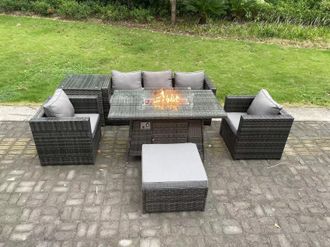 Fimous Outdoor PE Rattan Garden Furniture Gas Fire Pit Dining Table Armchairs With High Side Coffee Table Big Footstool in Dark Grey