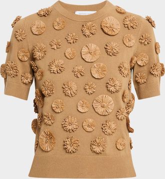 Michael Kors Floral Embroidered Short-Sleeve Cashmere Sweater