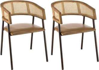 Macabane Conjunto de 2 sillones de cuero y respaldo de madera de mango y rat&aacute;n