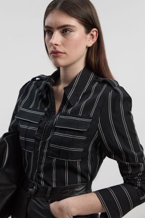 Karen Millen Womens Bold Stripe Cotton Woven Utility Shirt - Black Lyocell - Size 12 UK