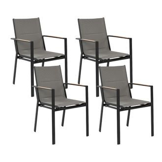 Beliani Conjunto De 4 Sillas De Jard&iacute;n De Metal Negro Gris Madera Clara Cojines Busseto
