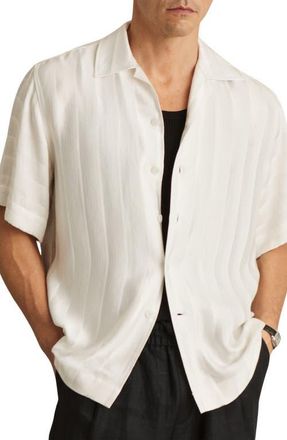 Reiss Melba Jacqurd Stripe Camp Shirt in White at Nordstrom, Size X-Large