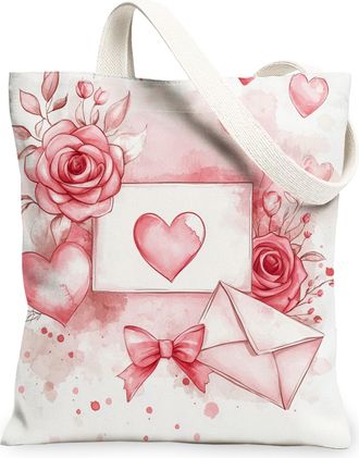 Generic Floral Hearts Canvas Tote Bags, Romantic Rose Pattern Reusable Grocery Bags, Lightweight Washable Shoulder Strap Canvas for Travel Beach Picnic 13x15 