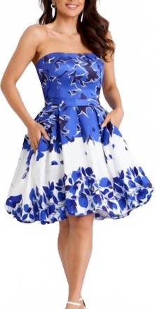 Jovani Strapless Floral A-Line Dress With Pleated Skirt In Blue White Floral